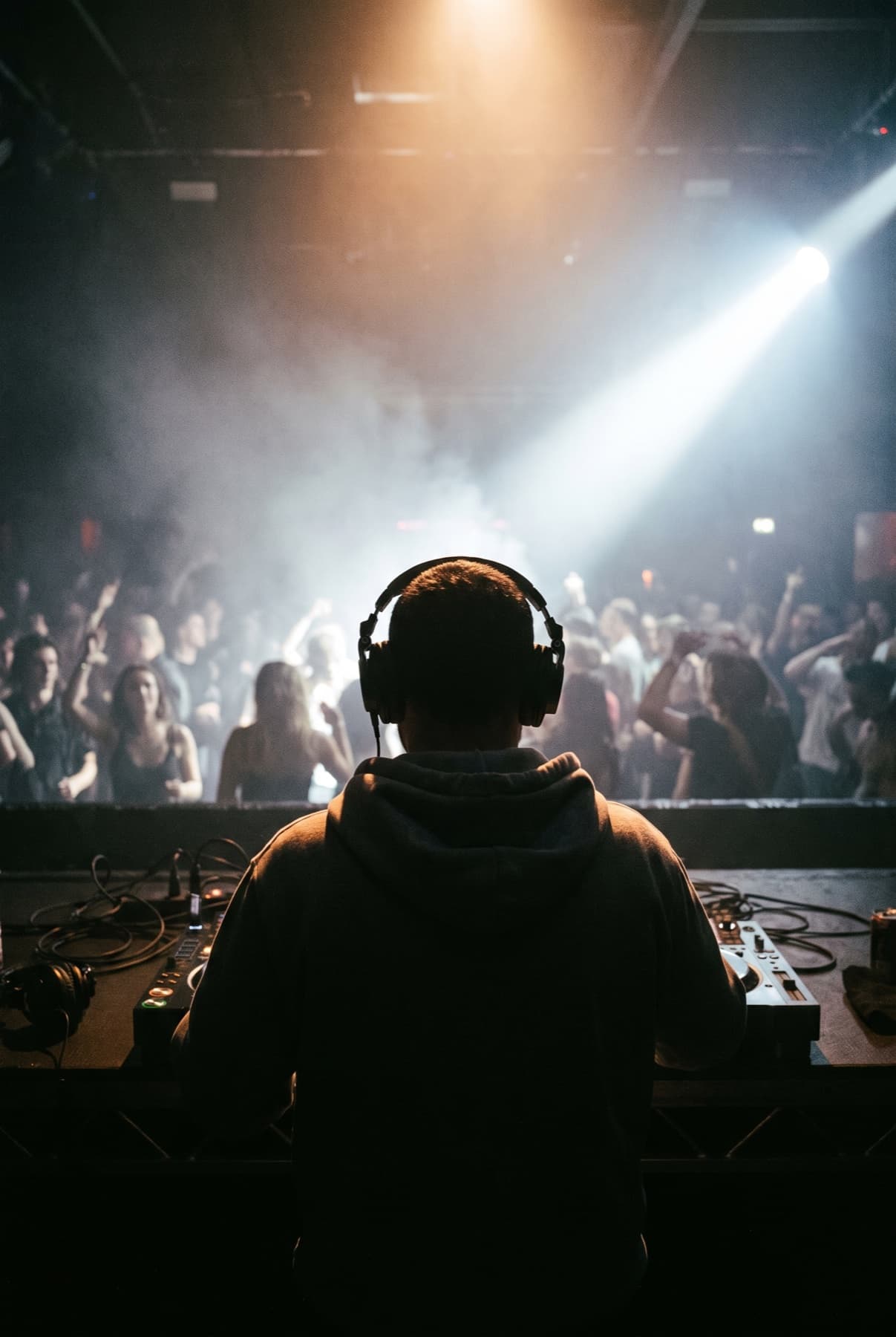 DJ Jusch beim Auflegen vor einer vollen Tanzfläche